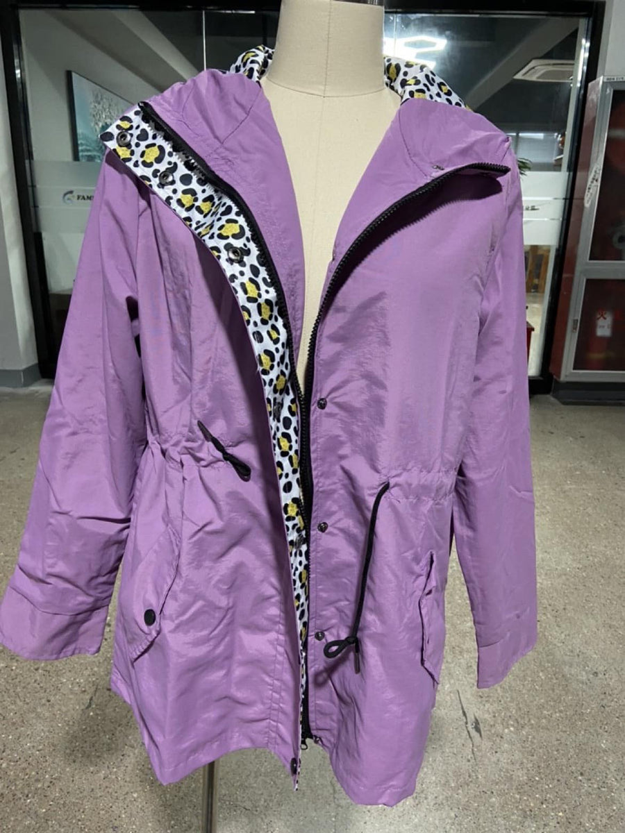 Cinched Waist Rain Jacket (Purple Leopard) Southern Coastal Magic