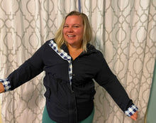 Load image into Gallery viewer, Cinched Waist Rain Jacket (Navy Gingham)